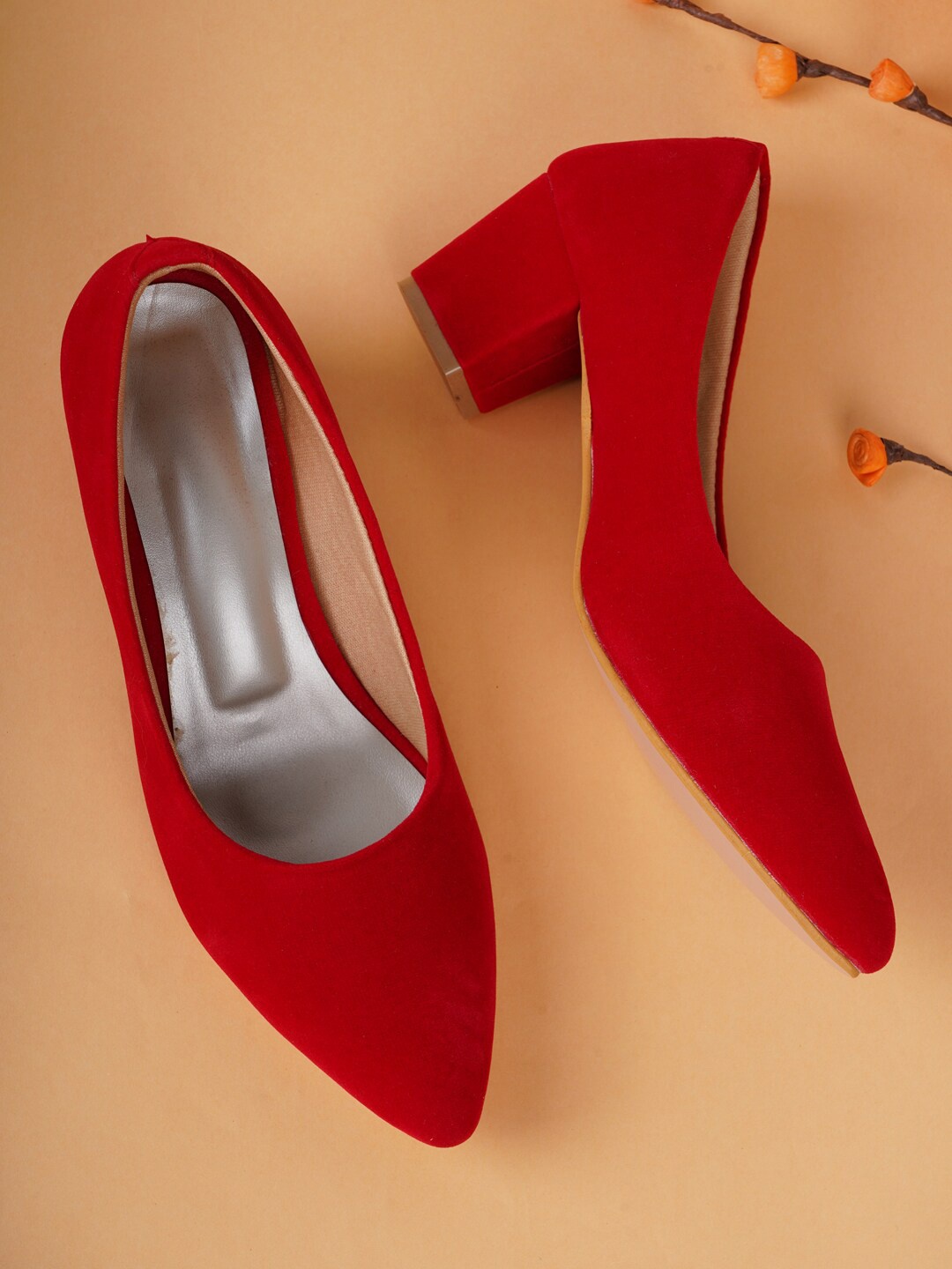 

Style Shoes Pointed Toe Suede Block Heels, Red