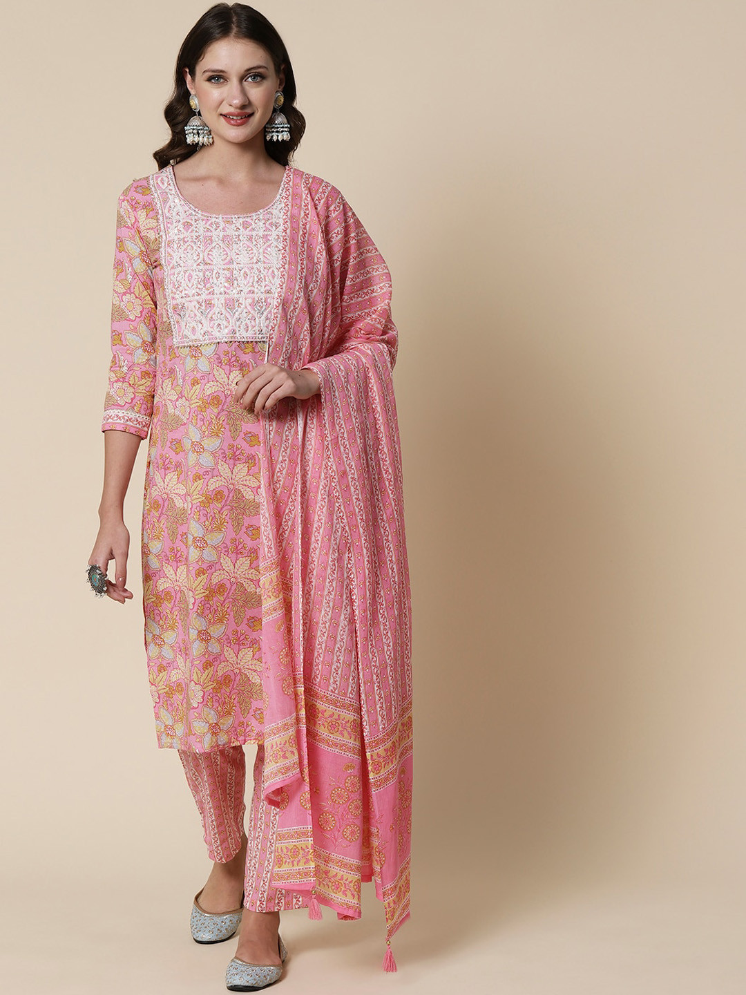 

FASHOR Floral Printed Embroidered Pure Cotton Kurta with Trousers & With Dupatta, Pink