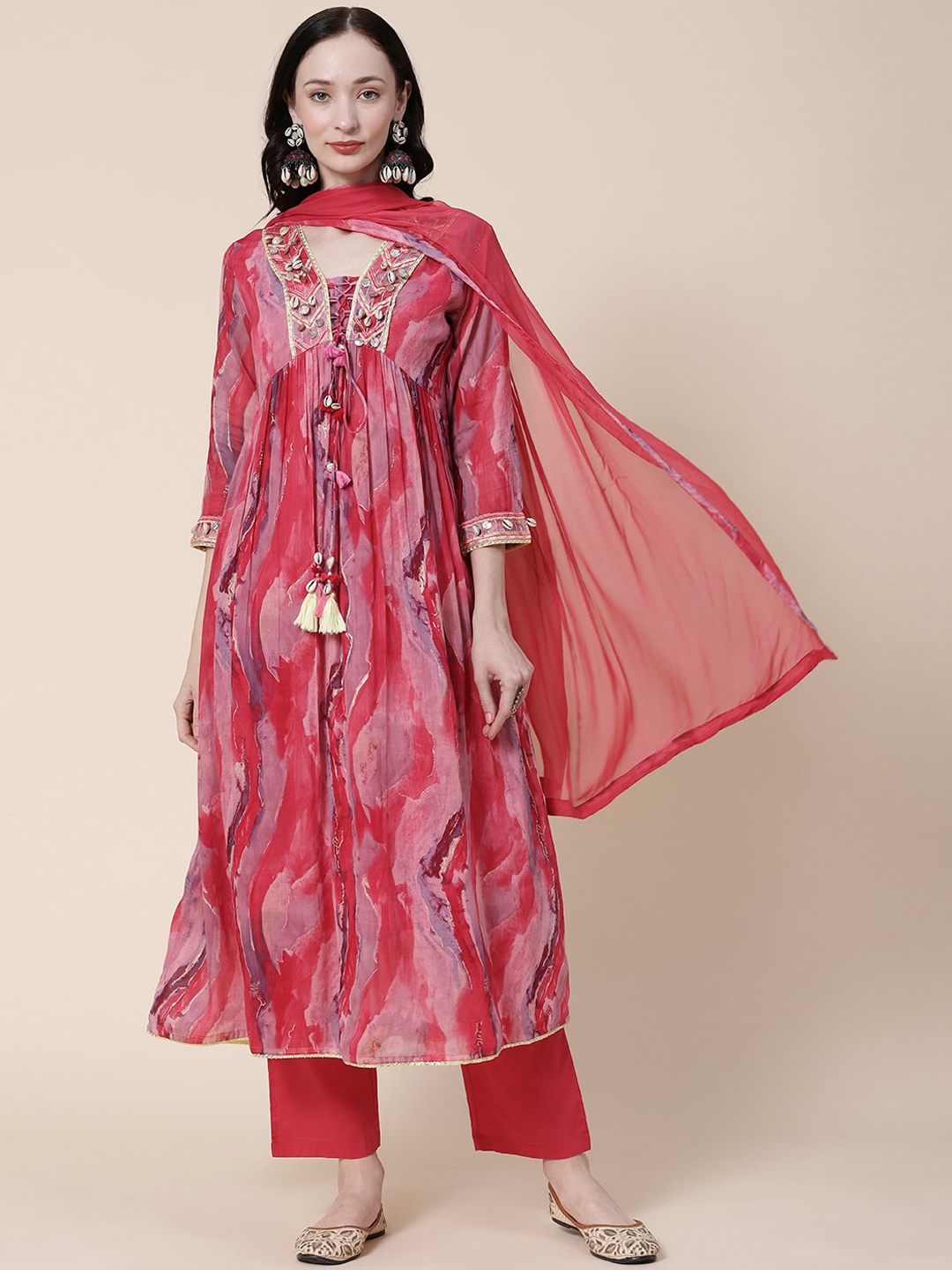 

FASHOR Pink Printed Empire Thread Work Pure Cotton Kurta With Trousers & Dupatta