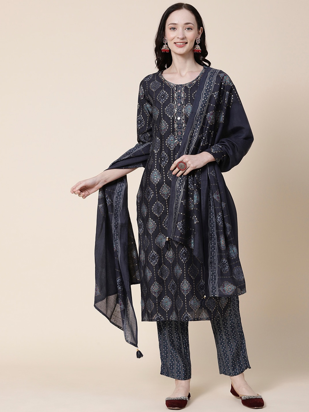 

FASHOR Women Charcoal Ethnic Motifs Printed Regular Mirror Work Kurta with Trousers & With Dupatta