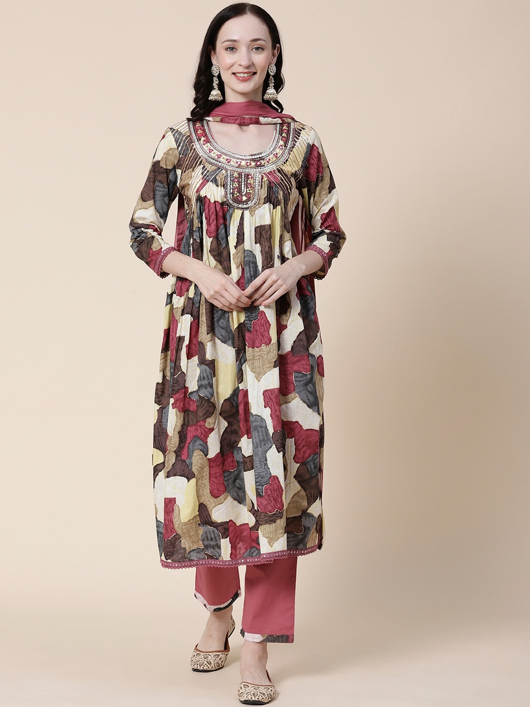 

FASHOR Brown & Pink Abstract Printed Mirror Work Pure Cotton Kurta with Trousers & Dupatta