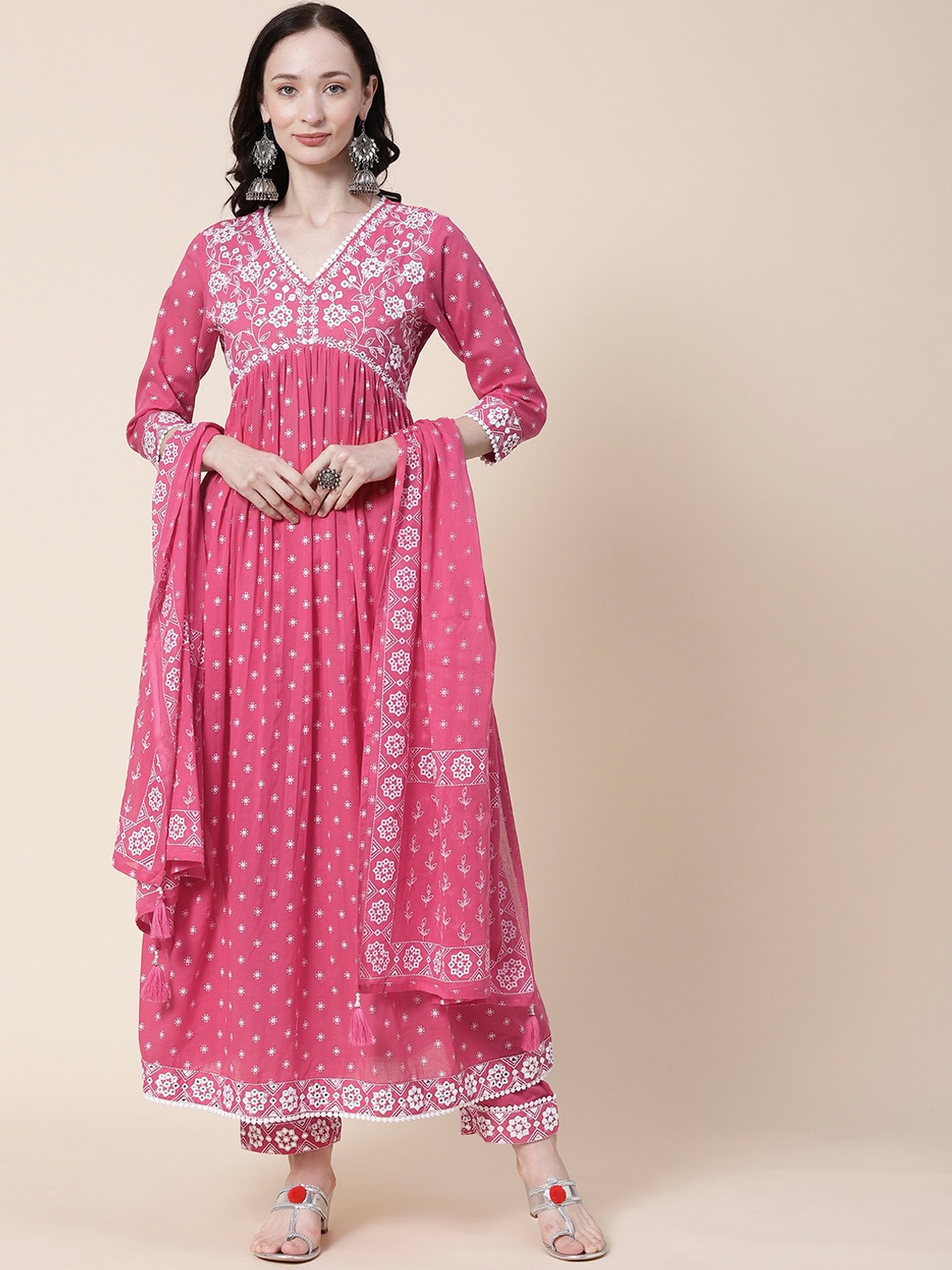

FASHOR Pink Ethnic Printed Empire Mirror Work Pure Cotton Kurta With Trousers & Dupatta