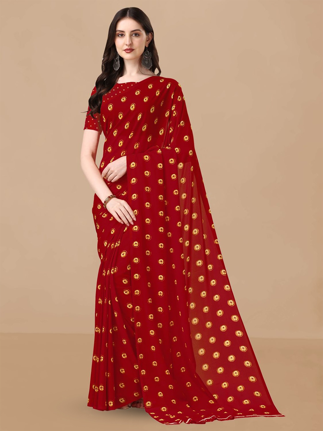 

Sangria Maroon Geometric Printed Pure Georgette Saree