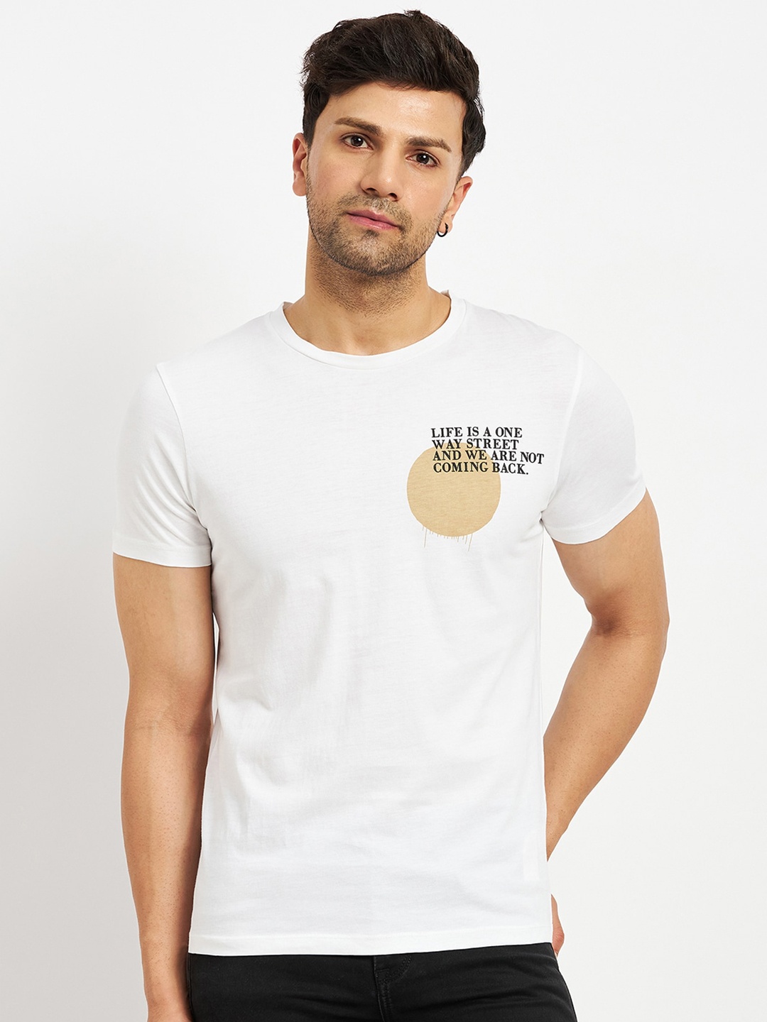 

CAMLA Typography Print Round Neck Cotton Causal T-Shirts, White
