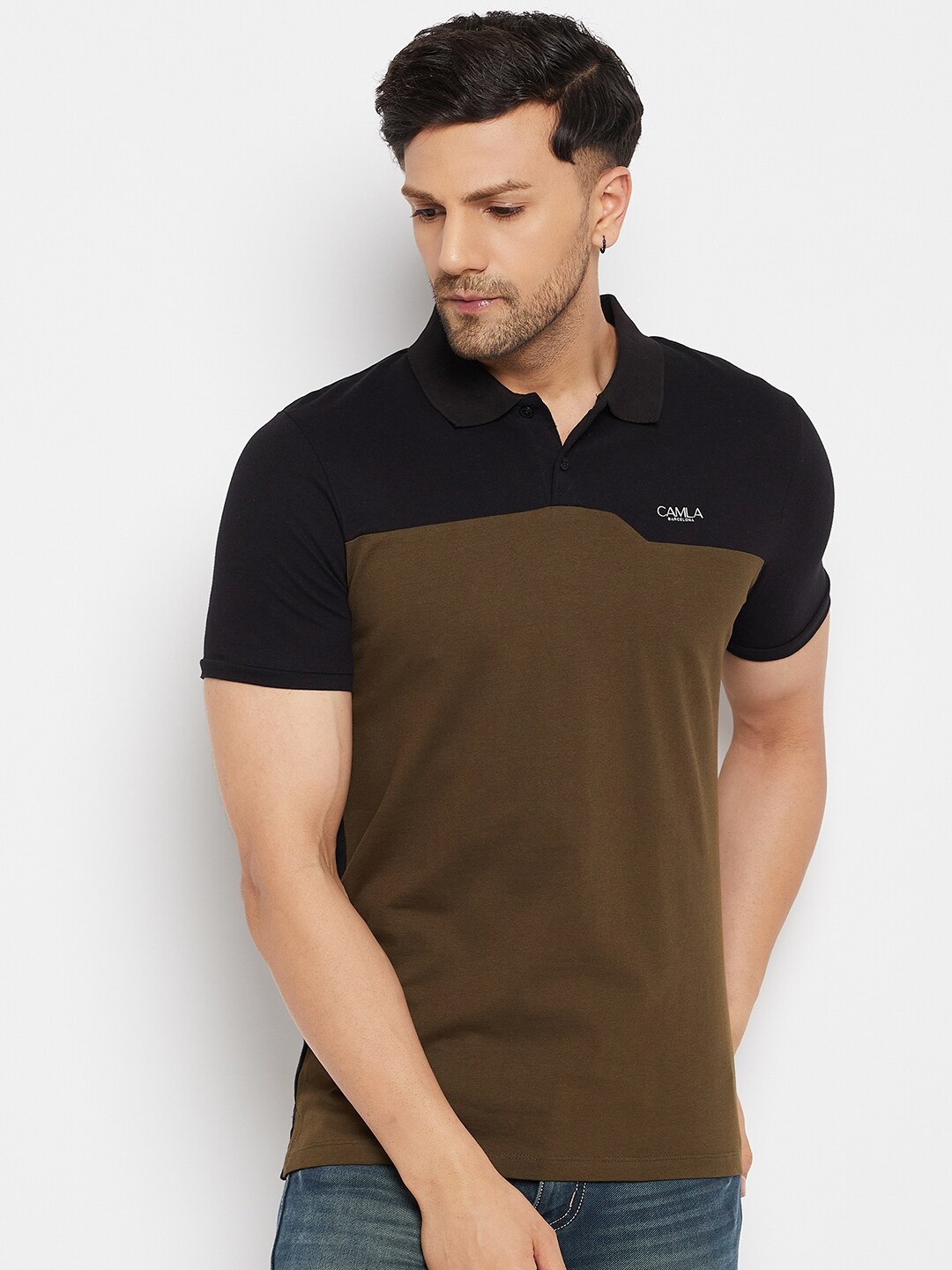 

CAMLA Cotton Colourblocked Polo Collar T-shirt, Black