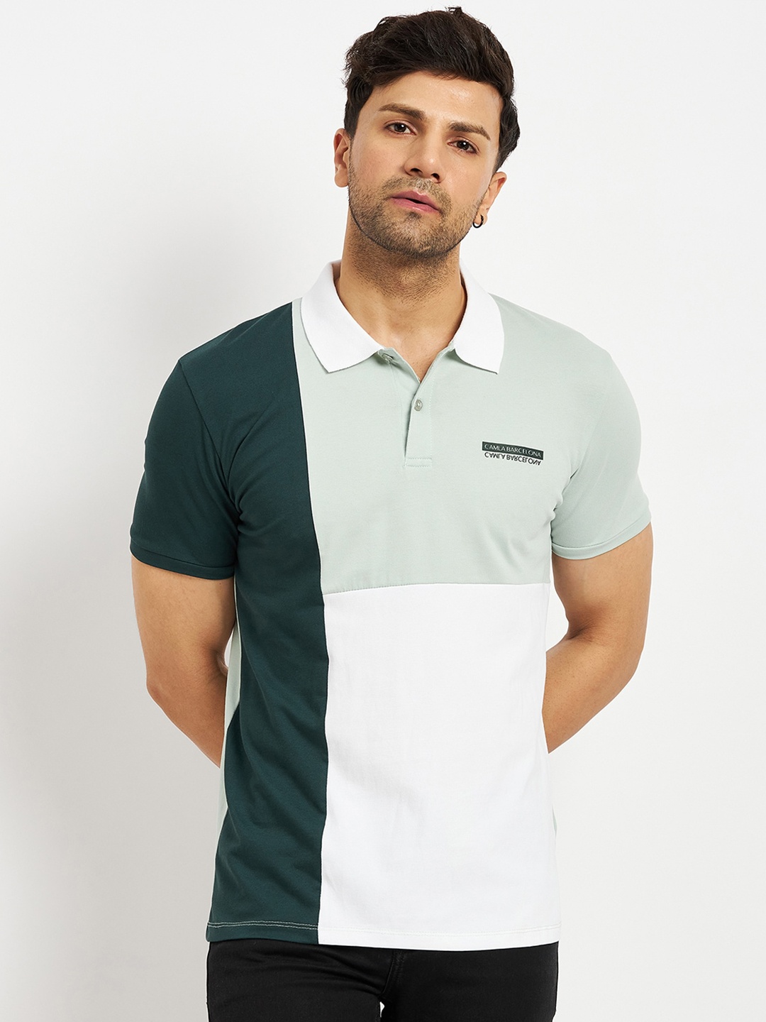 

CAMLA Colourblocked Polo Collar Cotton T-Shirt, Green
