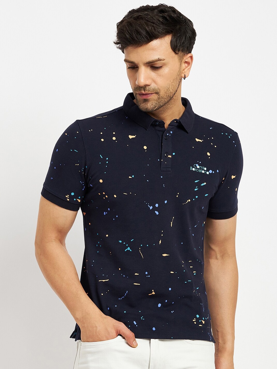 

CAMLA Abstract Printed Pollo Collar Cotton T-shirt, Navy blue