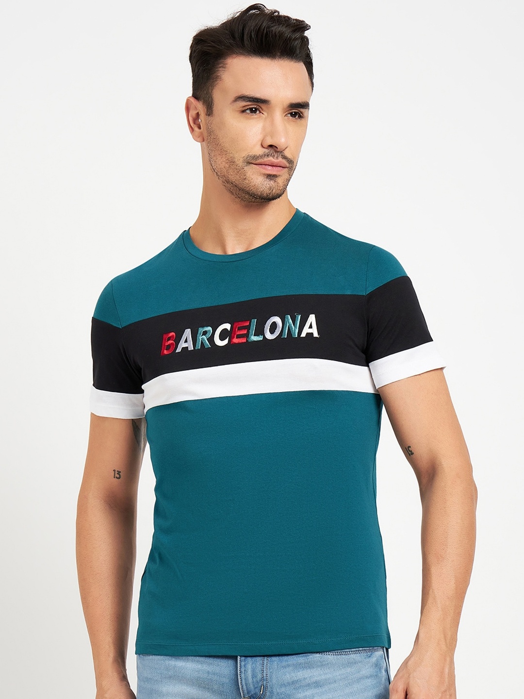 CAMLA Colourblock Regular Fit Round Neck T-Shirt, Teal