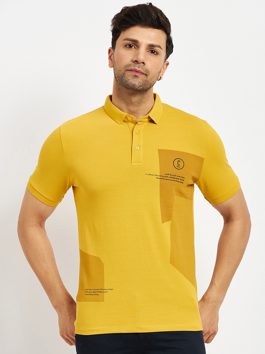 

CAMLA Typography Printed Polo Collar Cotton T-shirt, Mustard