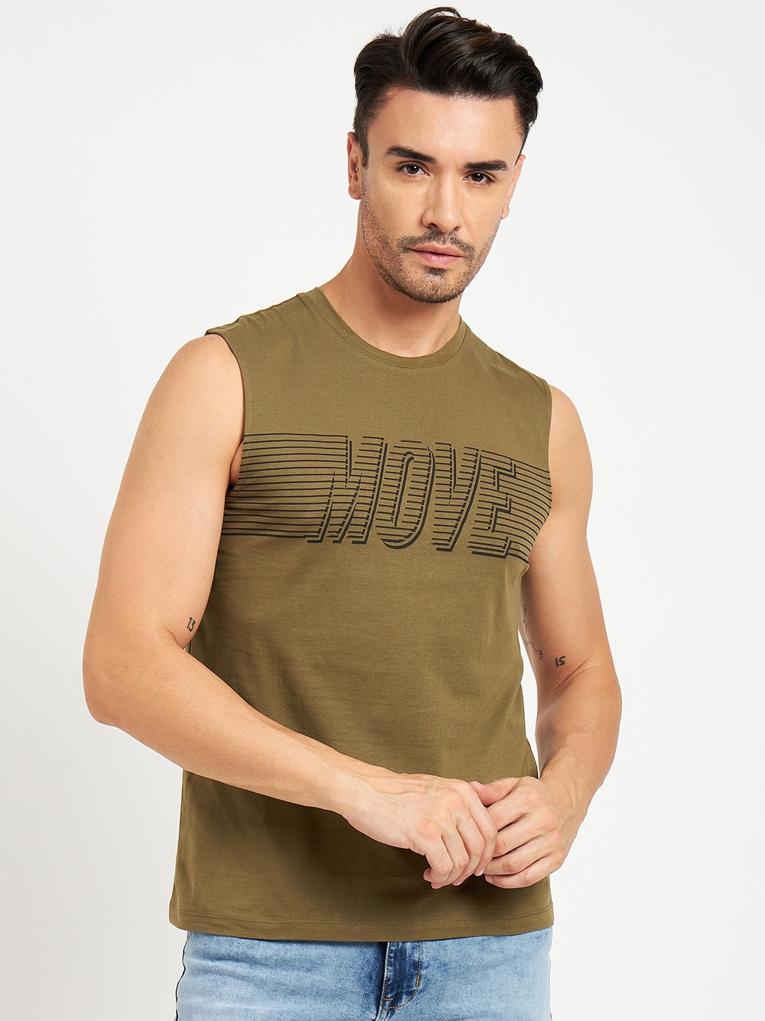 

CAMLA Typography Printed Sleeveless Cotton T-Shirt, Green