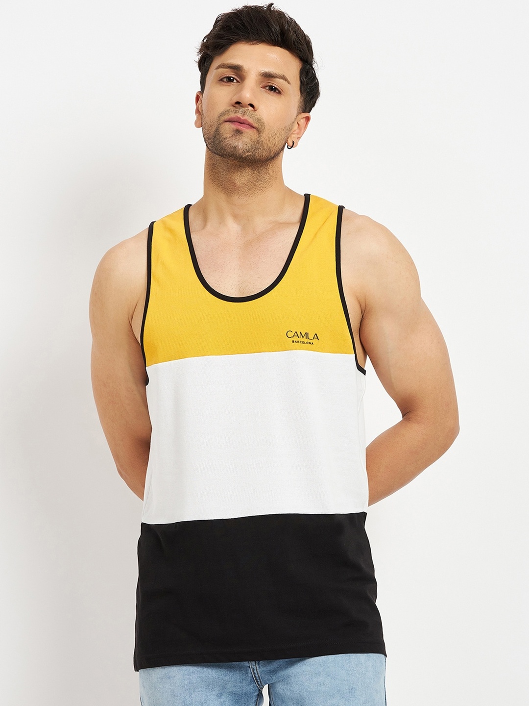 

CAMLA Colourblocked Sleeveless Cotton T-Shirt, Mustard