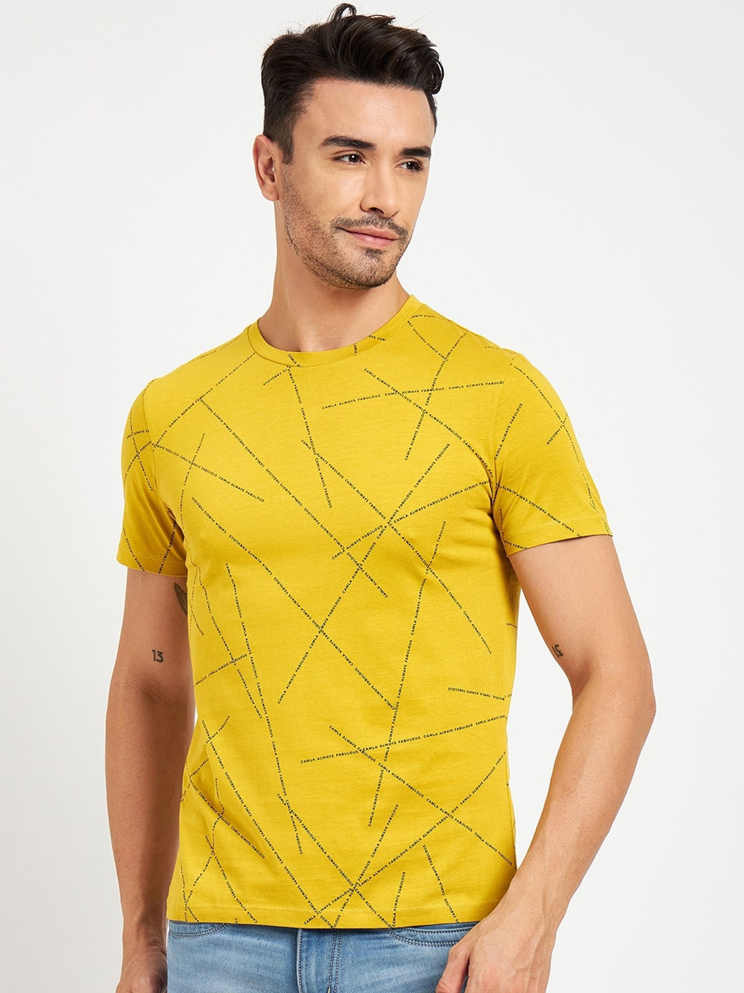 

CAMLA Abstract Printed Round Neck Cotton T-Shirt, Yellow