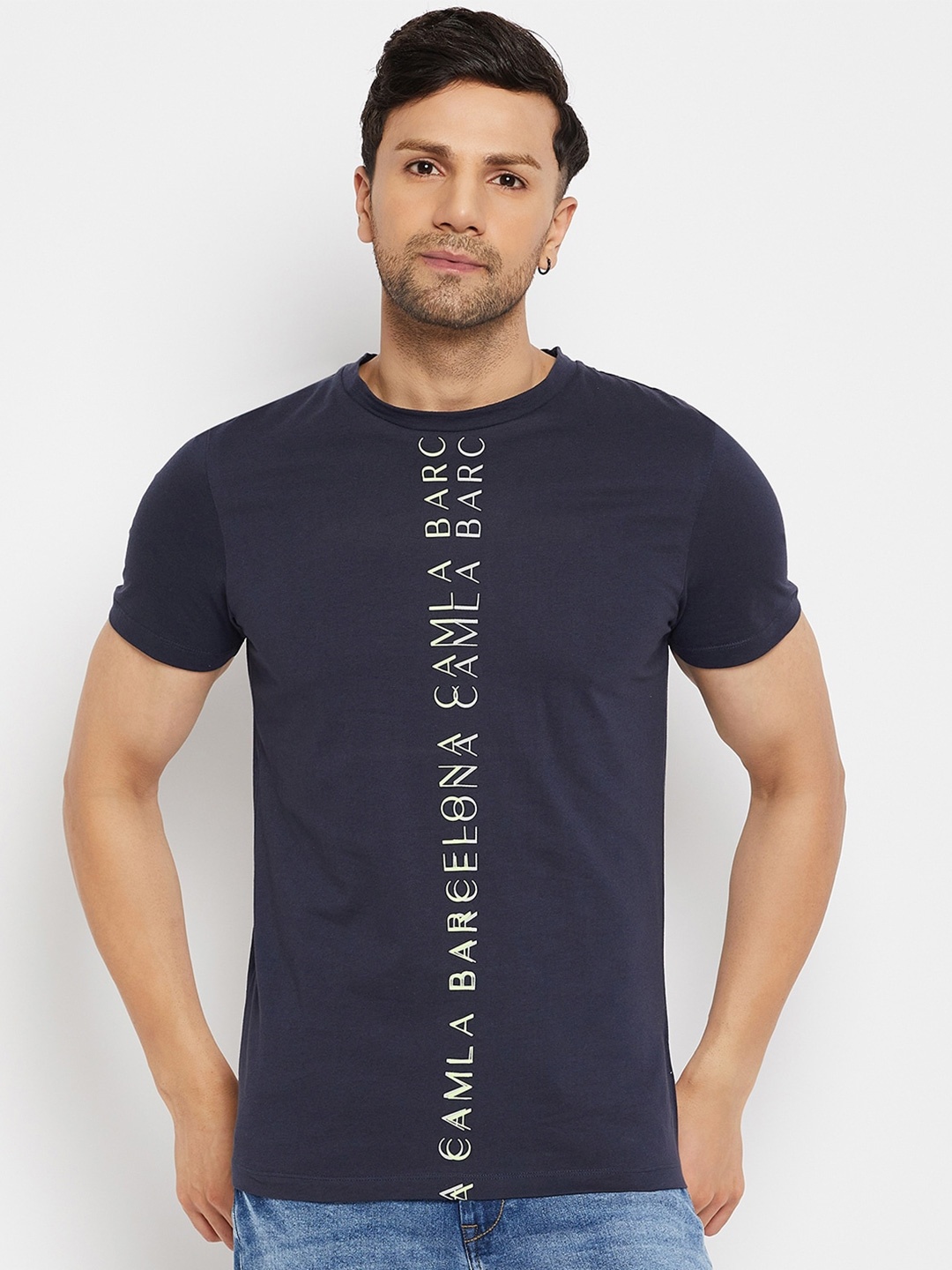 

CAMLA Typography Printed Regular Fit Cotton T-shirt, Navy blue