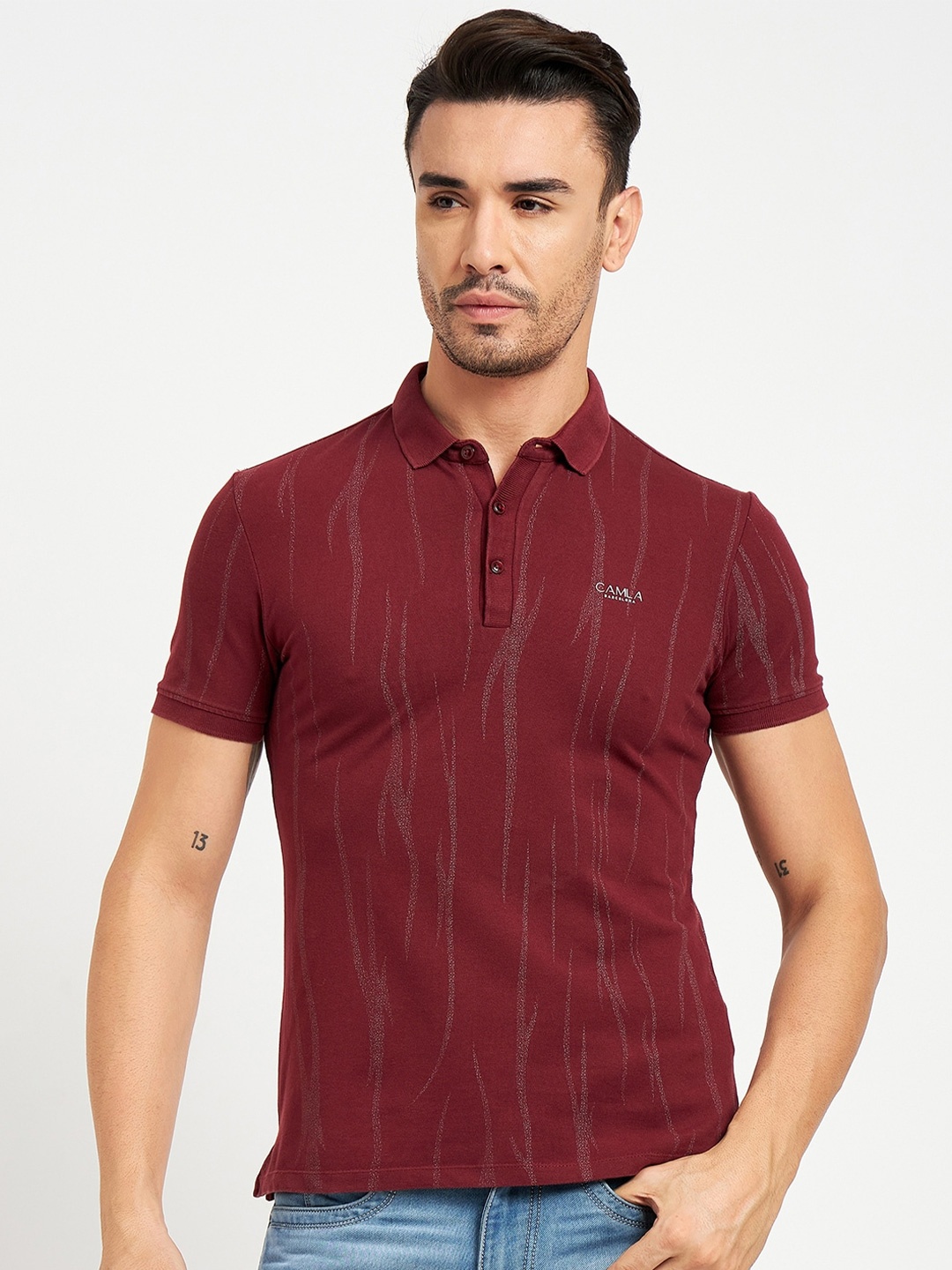

CAMLA Men Abstract Printed Polo Collar Cotton T-shirt, Red