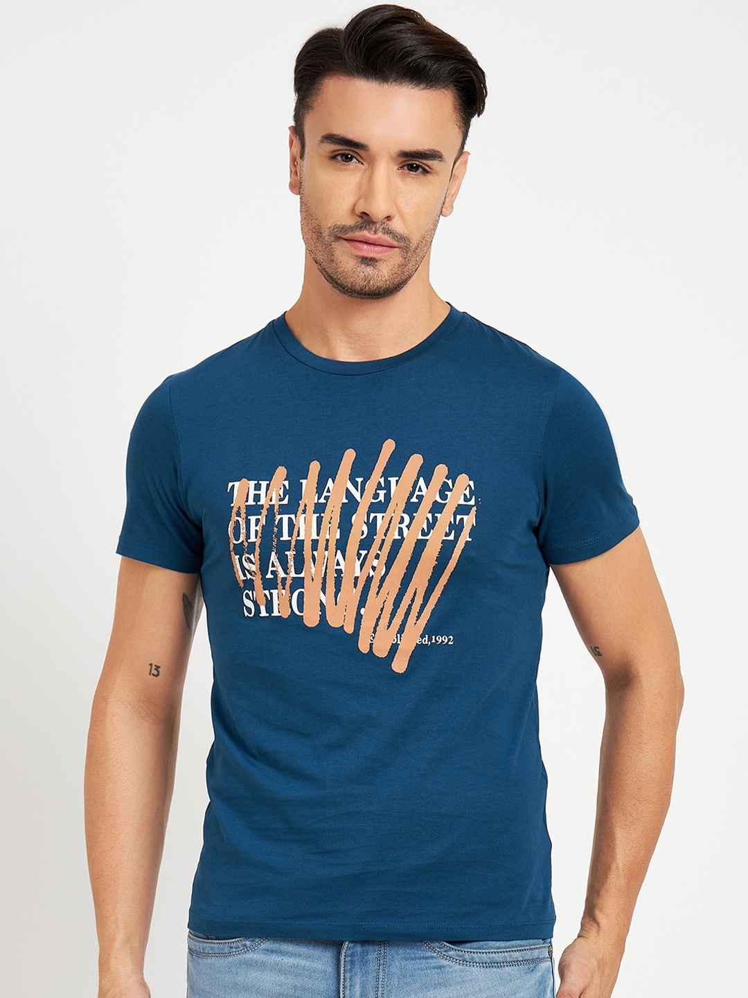 CAMLA Typography Printed Cotton T-shirt, Navy blue