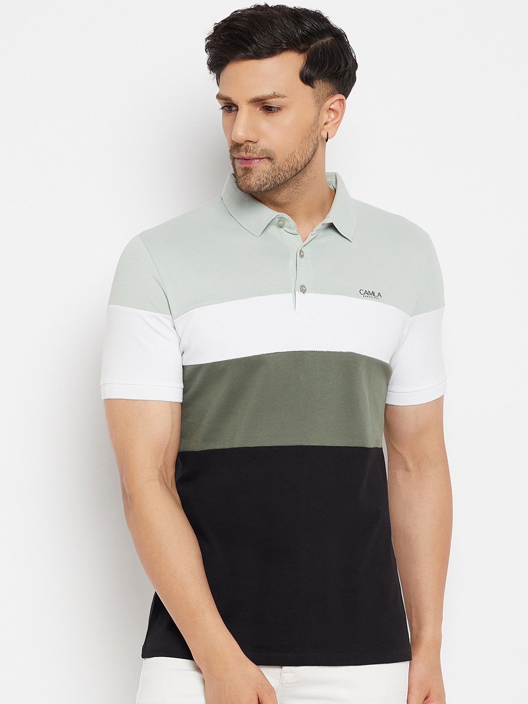 

CAMLA Colourblocked Polo Collar Cotton T-shirt, Green