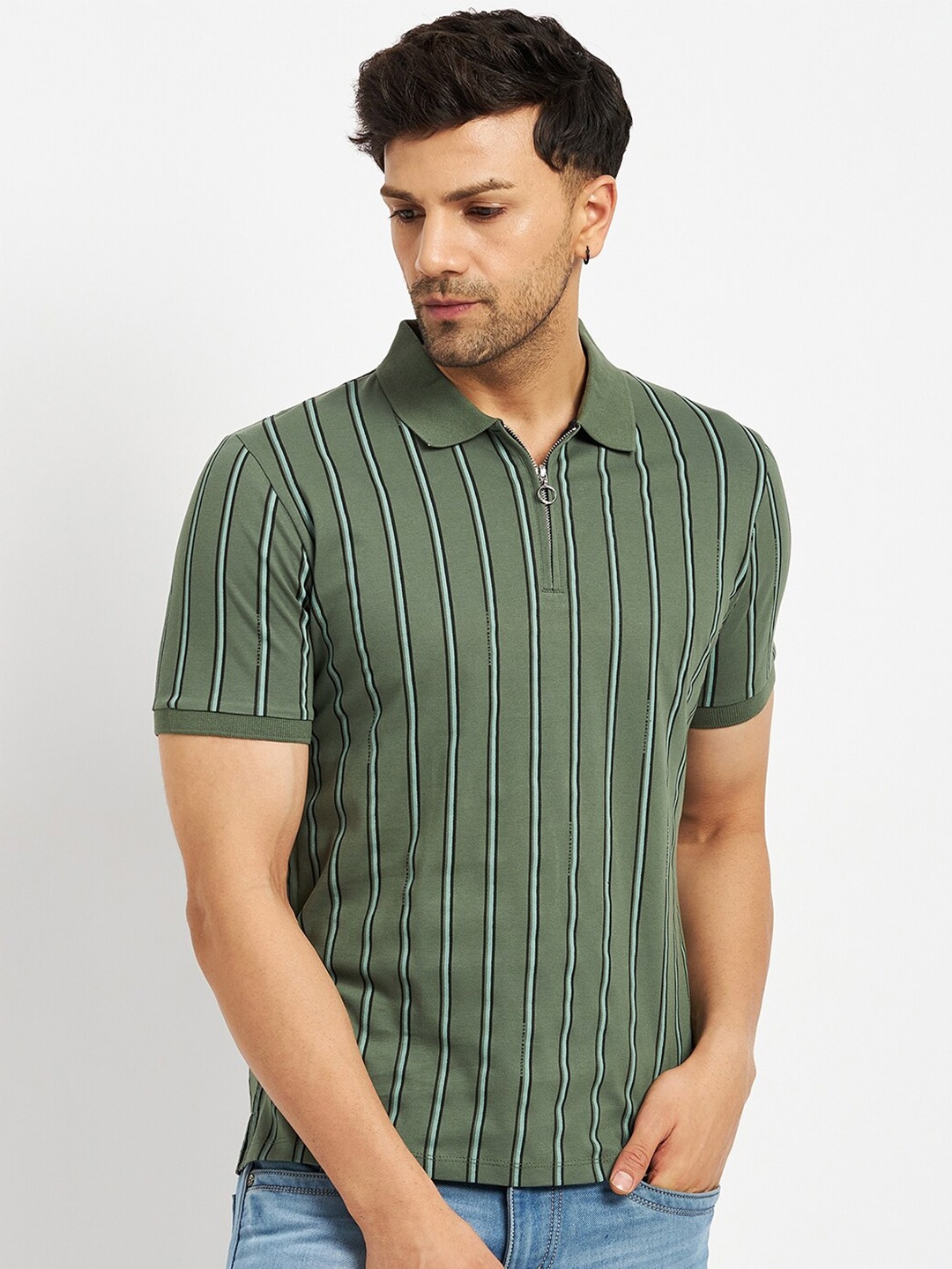 

CAMLA Striped Polo Collar Cotton T-shirt, Green