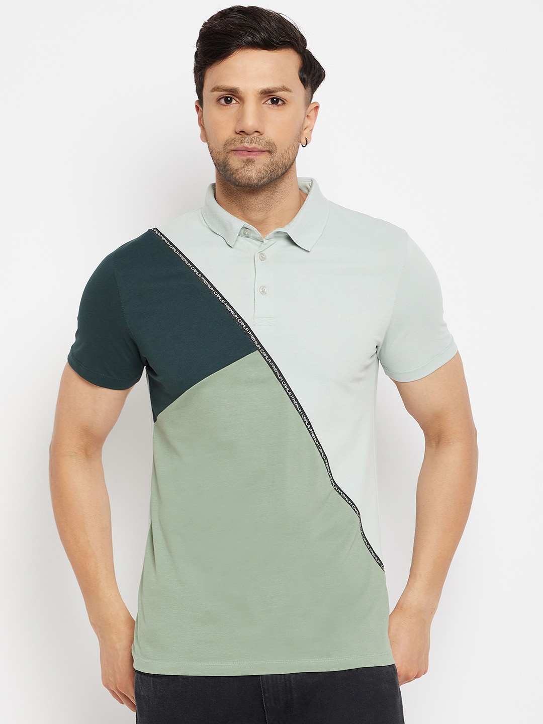 

CAMLA Colourblocked Polo Collar Cotton T-shirt, Green