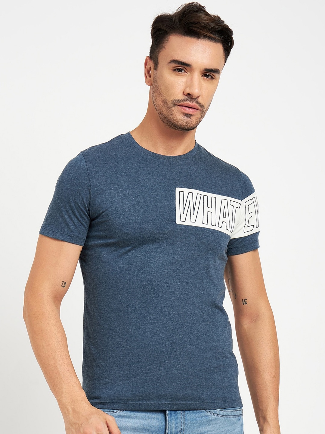 CAMLA Typography Printed Cotton T-shirt, Blue