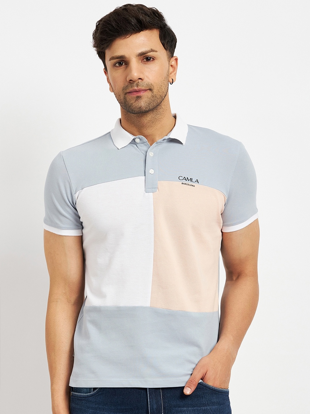 

CAMLA Colourblocked Polo Collar Cotton T-Shirt, Blue