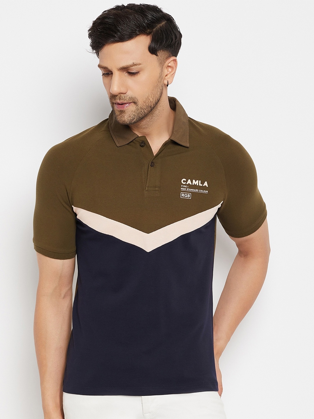 

CAMLA Colourblocked Polo Collar Cotton Regular Fit T-shirt, Brown