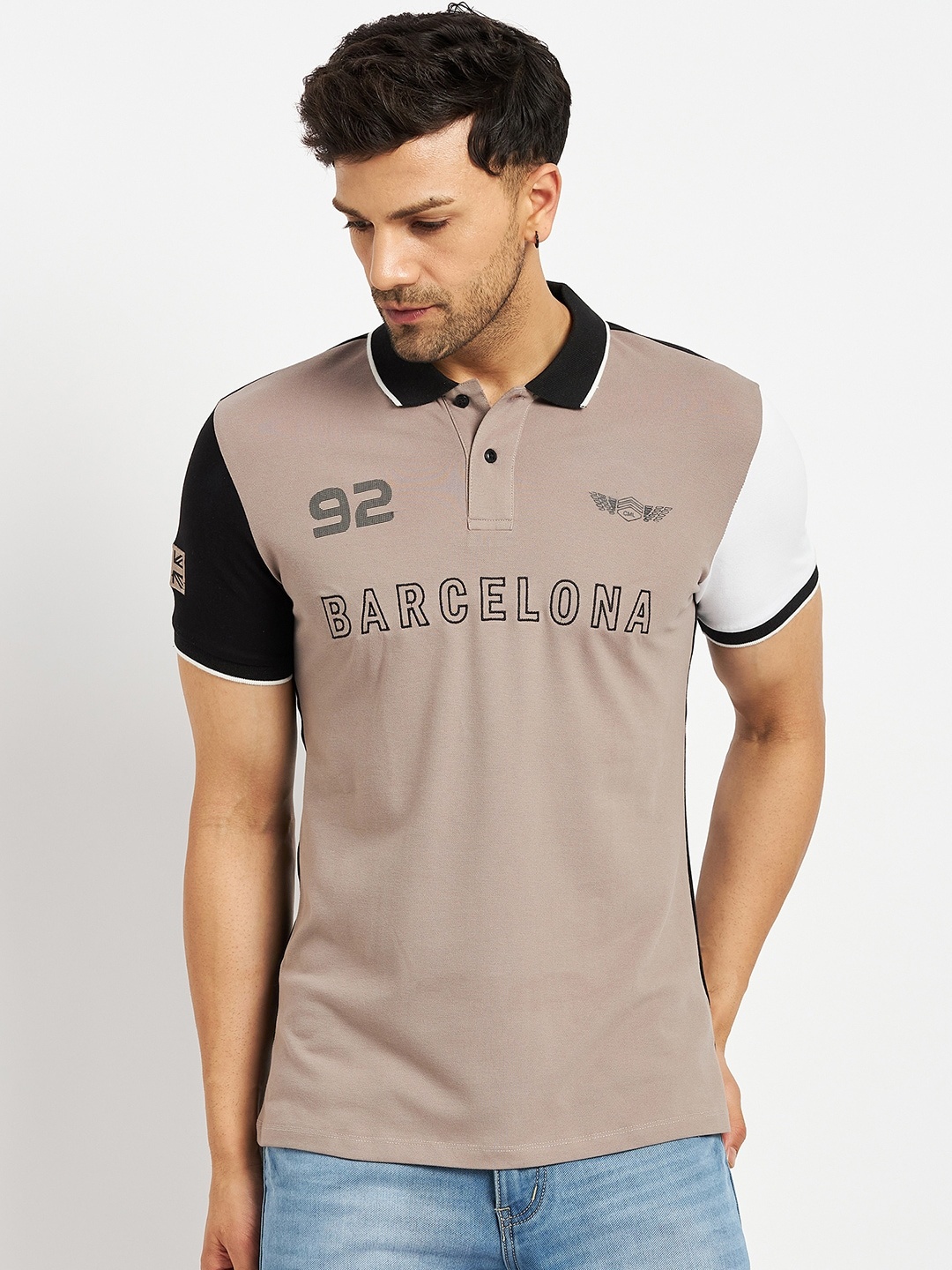 CAMLA Typography Printed Polo Collar Cotton T-shirt, Brown