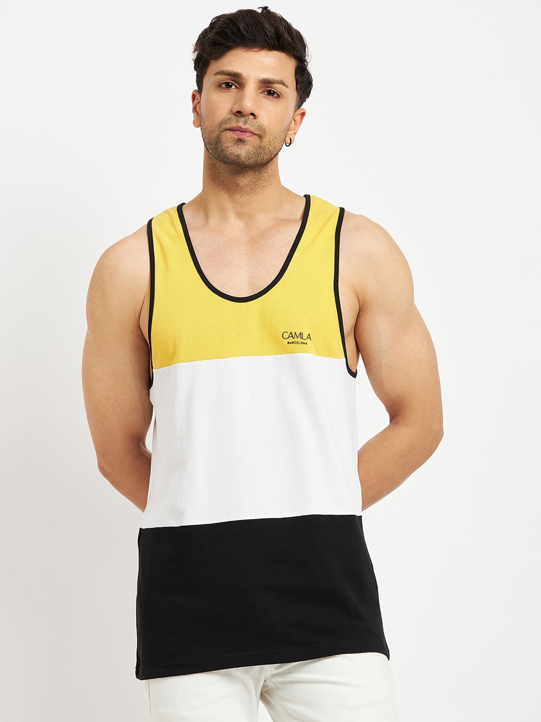 

CAMLA Colourblocked Sleeveless Cotton T-Shirt, Mustard