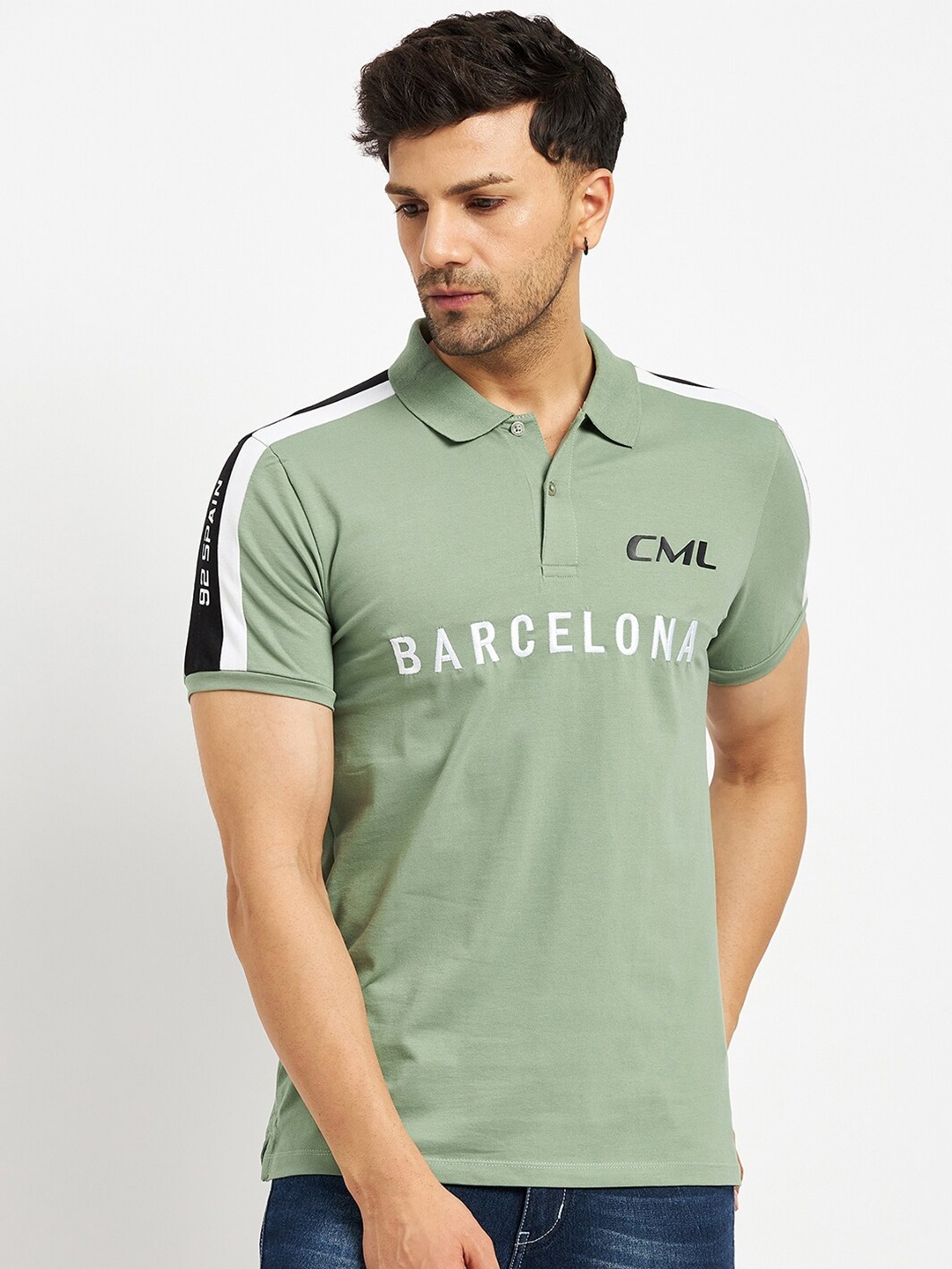 

CAMLA Typography Printed Polo Collar Cotton T-shirt, Green