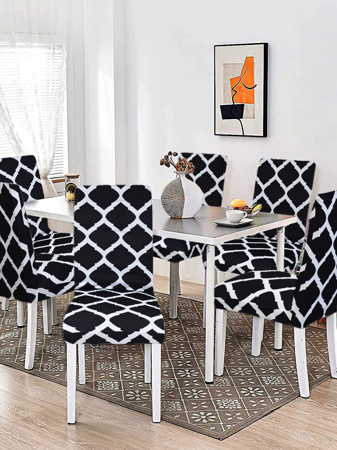 

WEAVERS VILLA Black & White 6 Pieces Printed Chair Covers