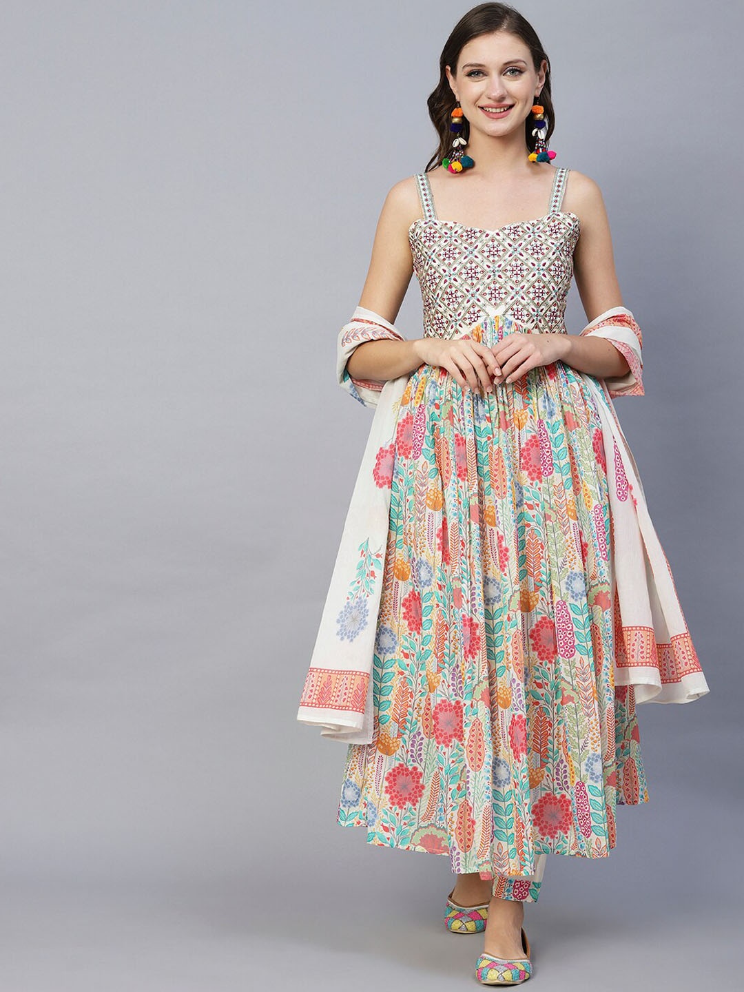 

FASHOR Blue Floral Printed Pleated Pure Cotton Kurta & Trousers With Dupatta