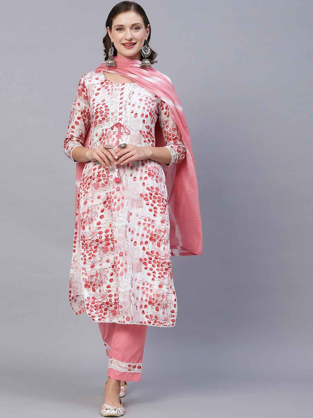 

FASHOR Peach-Coloured Printed Regular Pure Cotton Kurta & Trousers With Dupatta