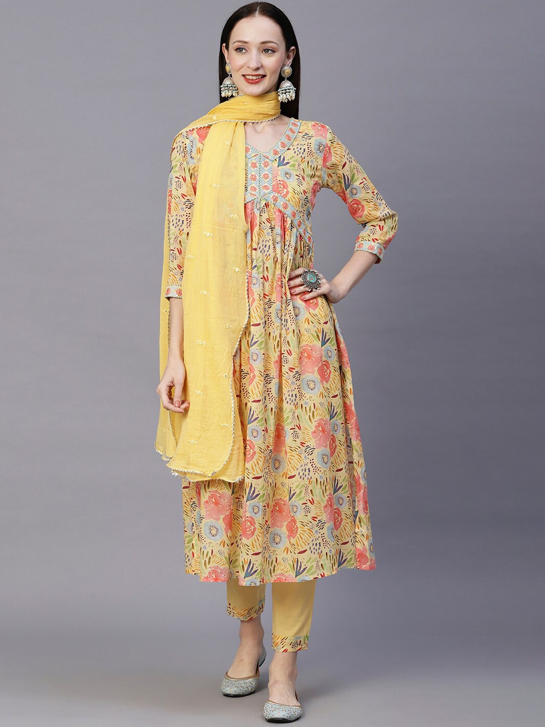 

FASHOR Yellow Floral Printed Pleated Pure Cotton Kurta & Trousers With Dupatta