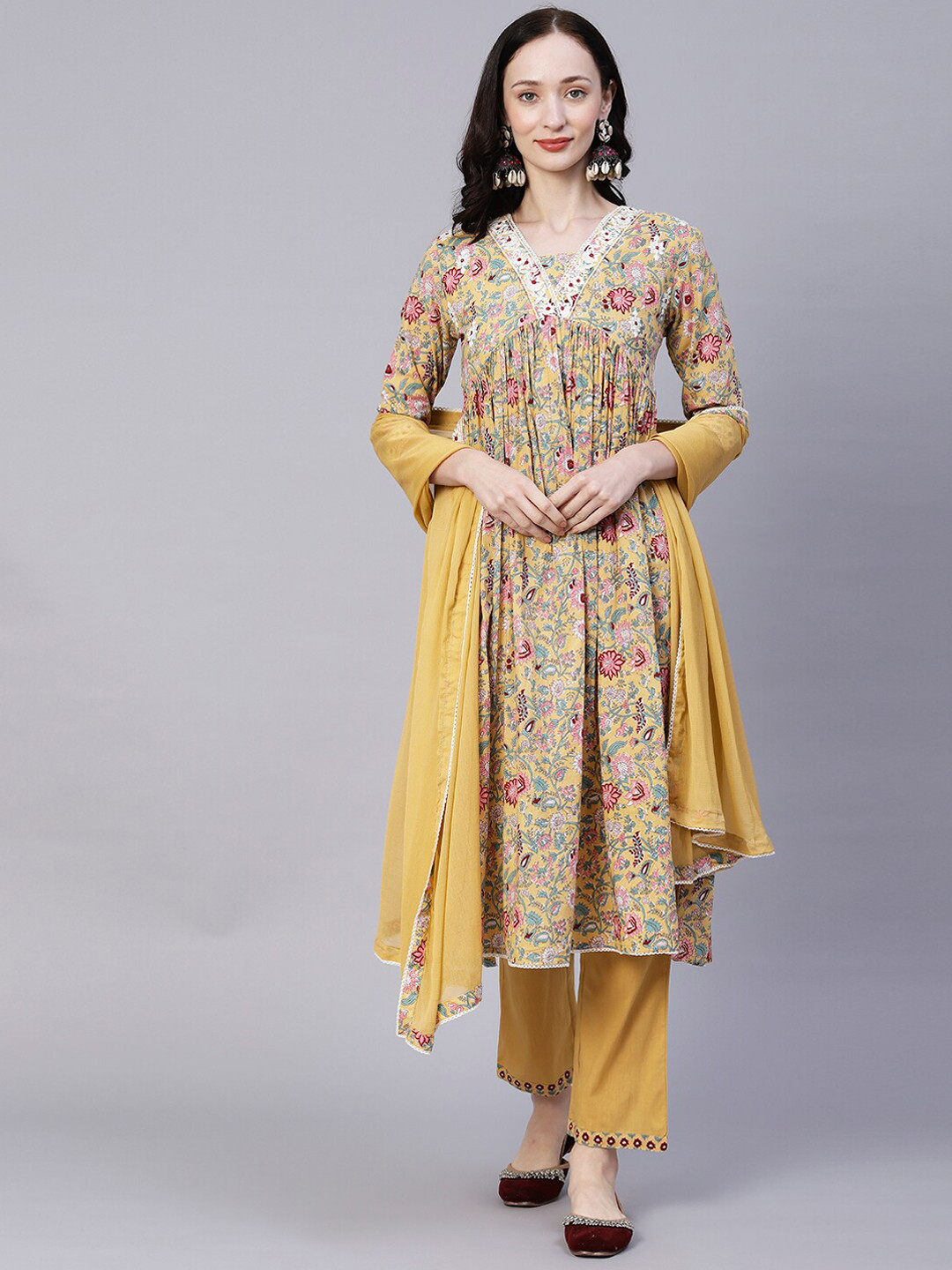

FASHOR Yellow Floral Printed Pure Cotton Kurta With Trousers & Dupatta