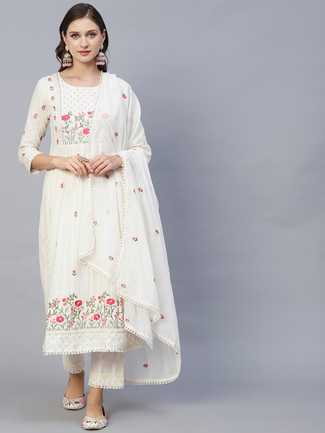

FASHOR Floral Embroidered Pure Cotton Kurta with Trousers & With Dupatta, Off white