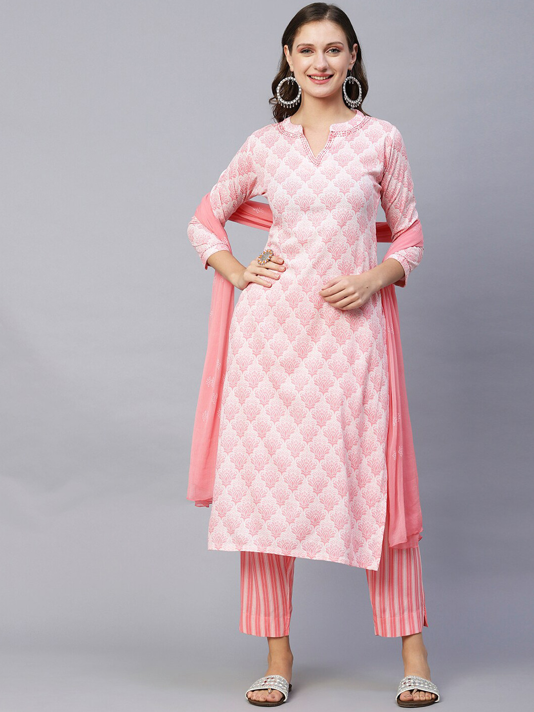 

FASHOR Peach-Coloured Ethnic Motifs Printed Sequinned Cotton Kurta With Trousers & Dupatta