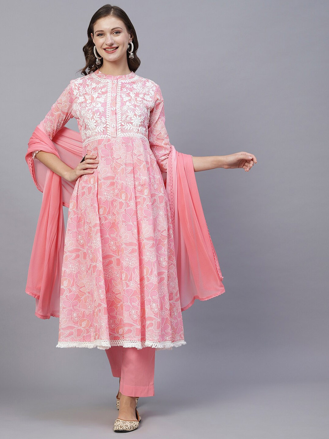 

FASHOR Pink Floral Printed Thread Work Pure Cotton Kurta With Trousers & Dupatta