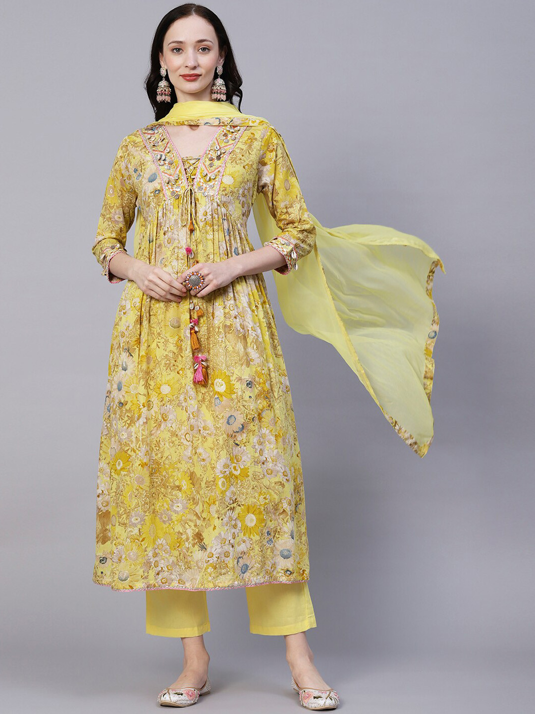

FASHOR Yellow Floral Printed Thread Work Pure Cotton Kurta With Trousers & Dupatta