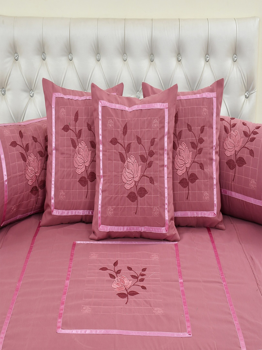 

Hammer Home Rose Pink 7 Pieces Floral Embroidered Cotton Diwan Set, Grey