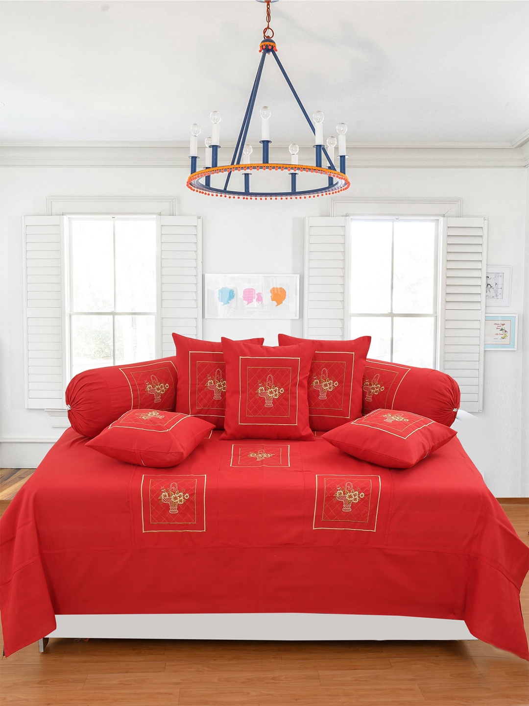 

Hammer Home Red 8 Pieces Tokri Embroidered Diwan Set
