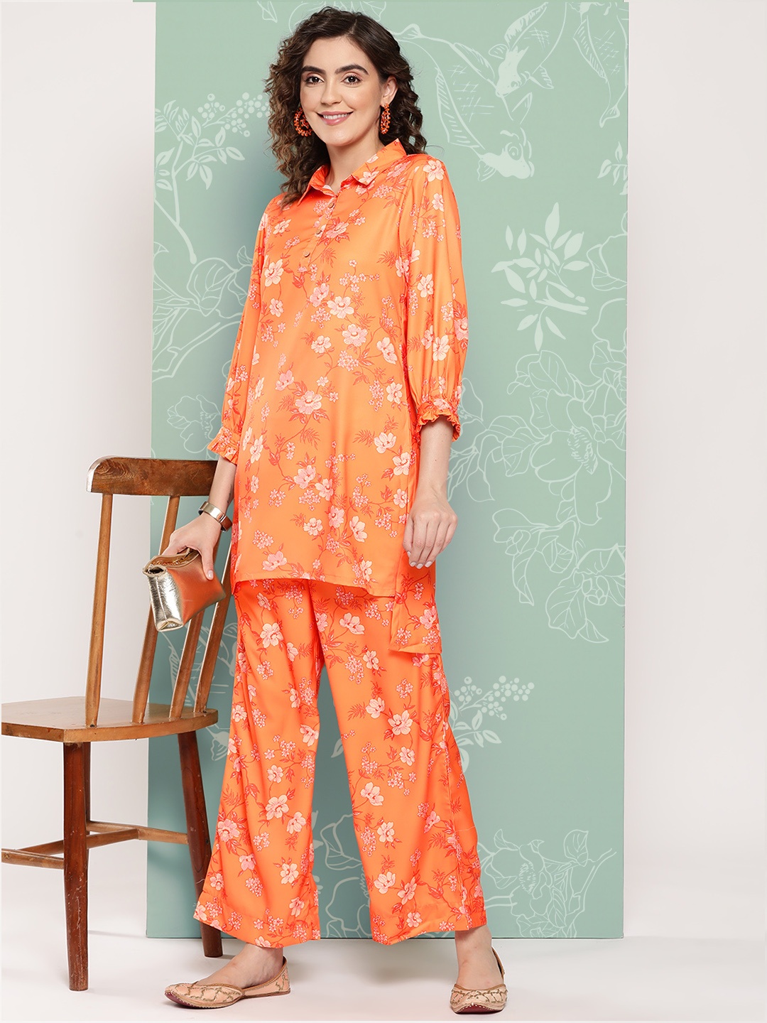 

Janasya Women Floral Printed Regular Co-Ord Set, Orange