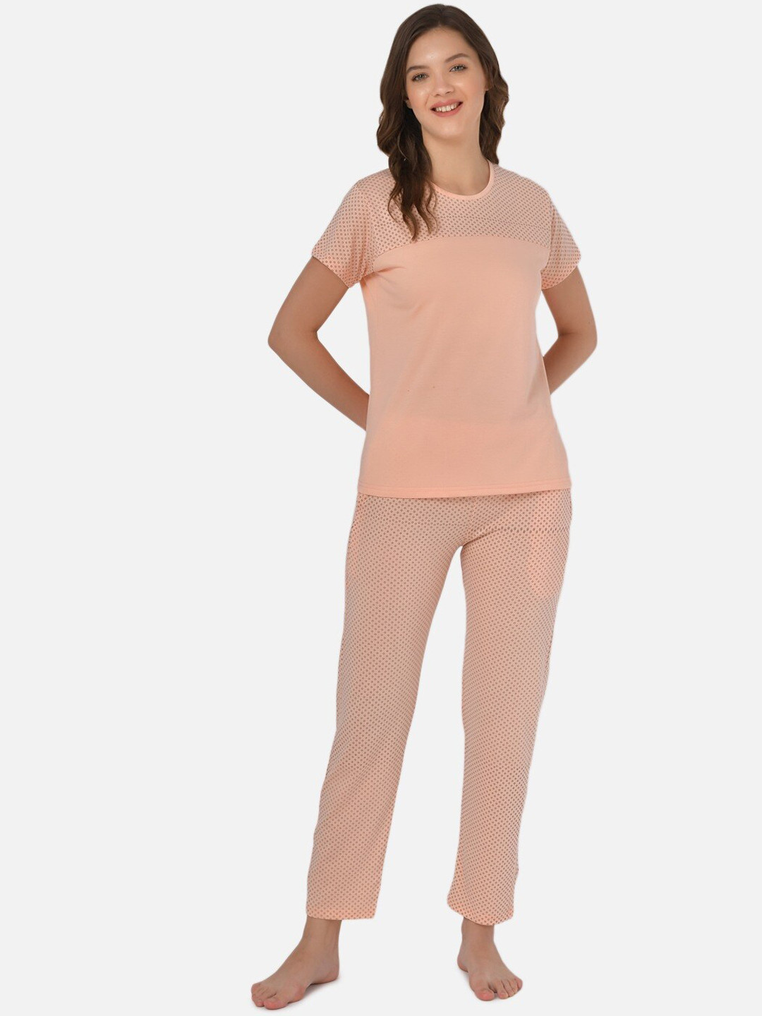 

Klamotten Abstract Printed T-shirt With Pyjamas Night suit, Peach