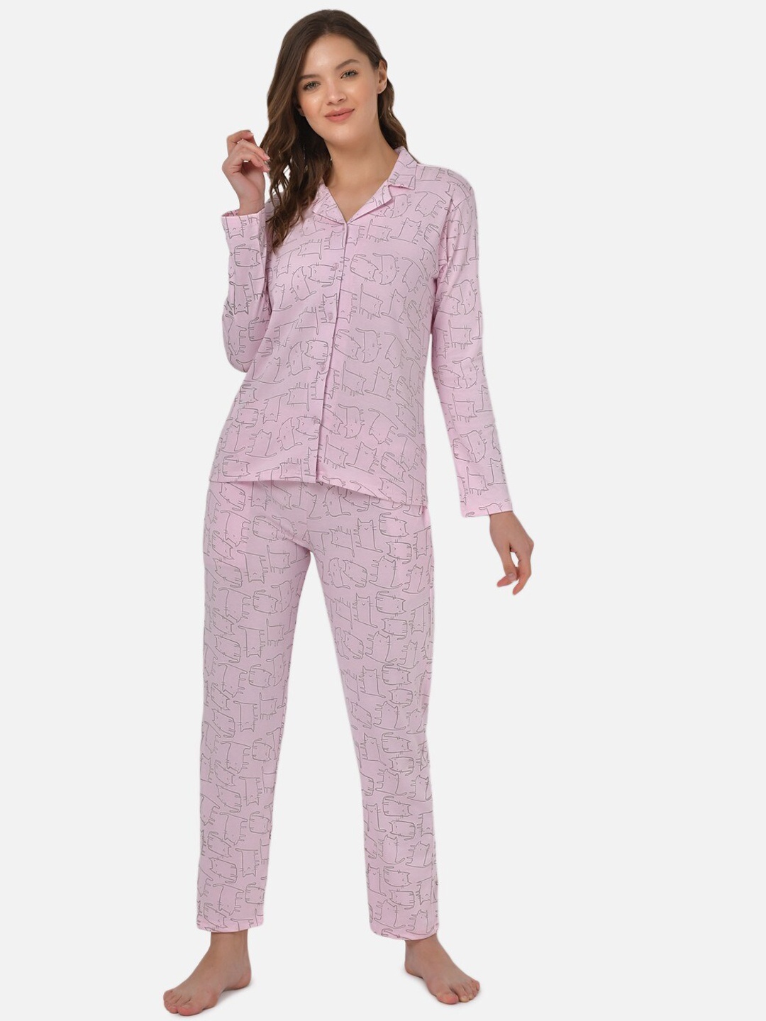 

Klamotten Conversational Printed Shirt With Pyjamas Night suit, Pink