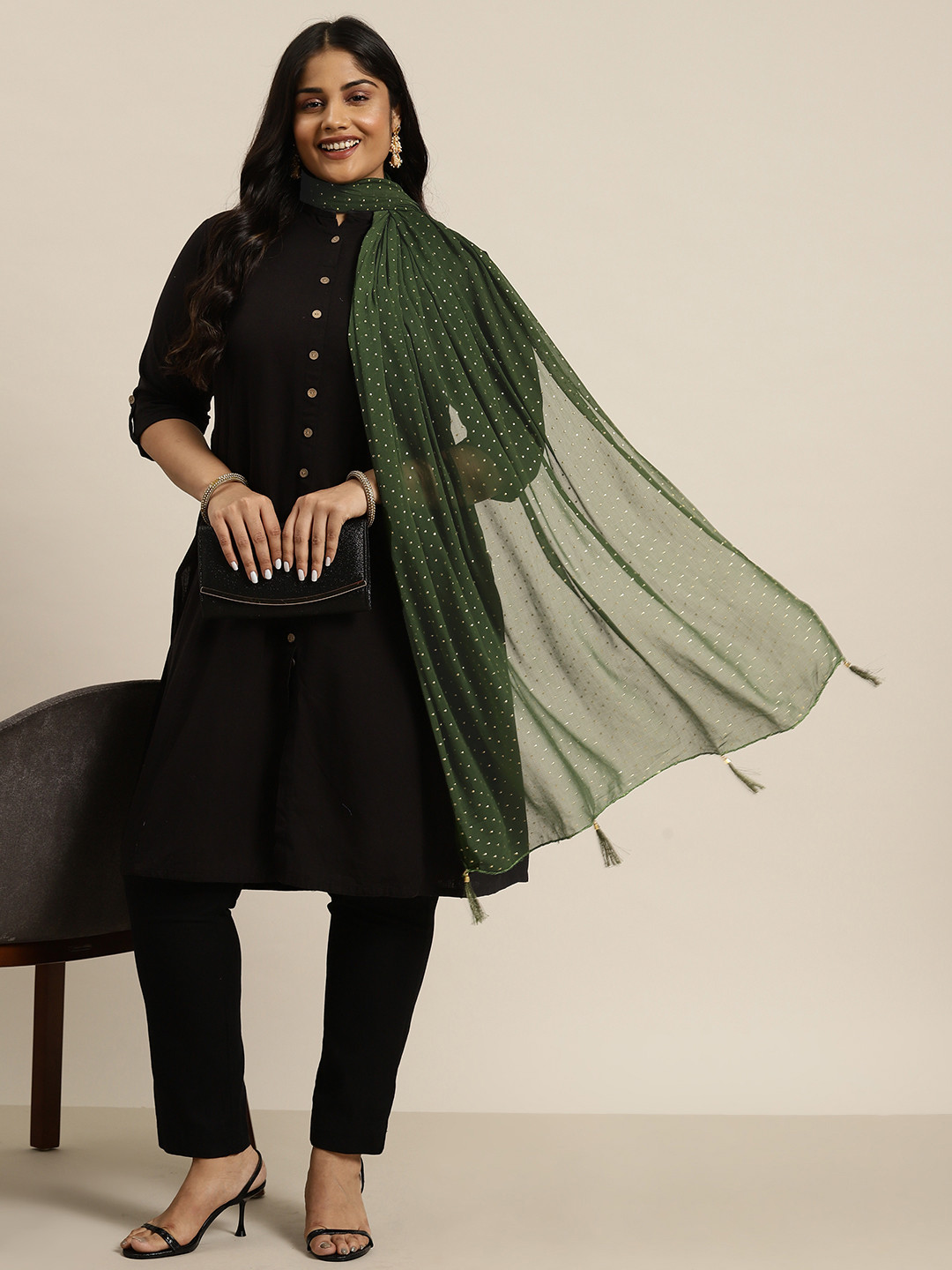 

Sztori Embroidered Chiffon Dupatta with Beads & Stones Detail, Green