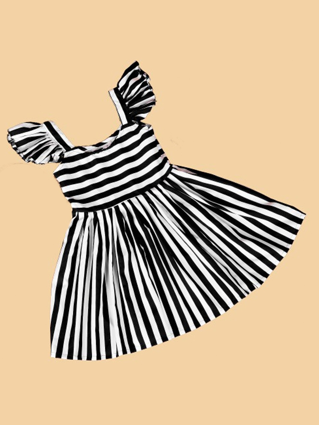

APNISHA Girls Striped Monochrome Flutter Sleeves Gathered Details Fit & Flare Dress, Black