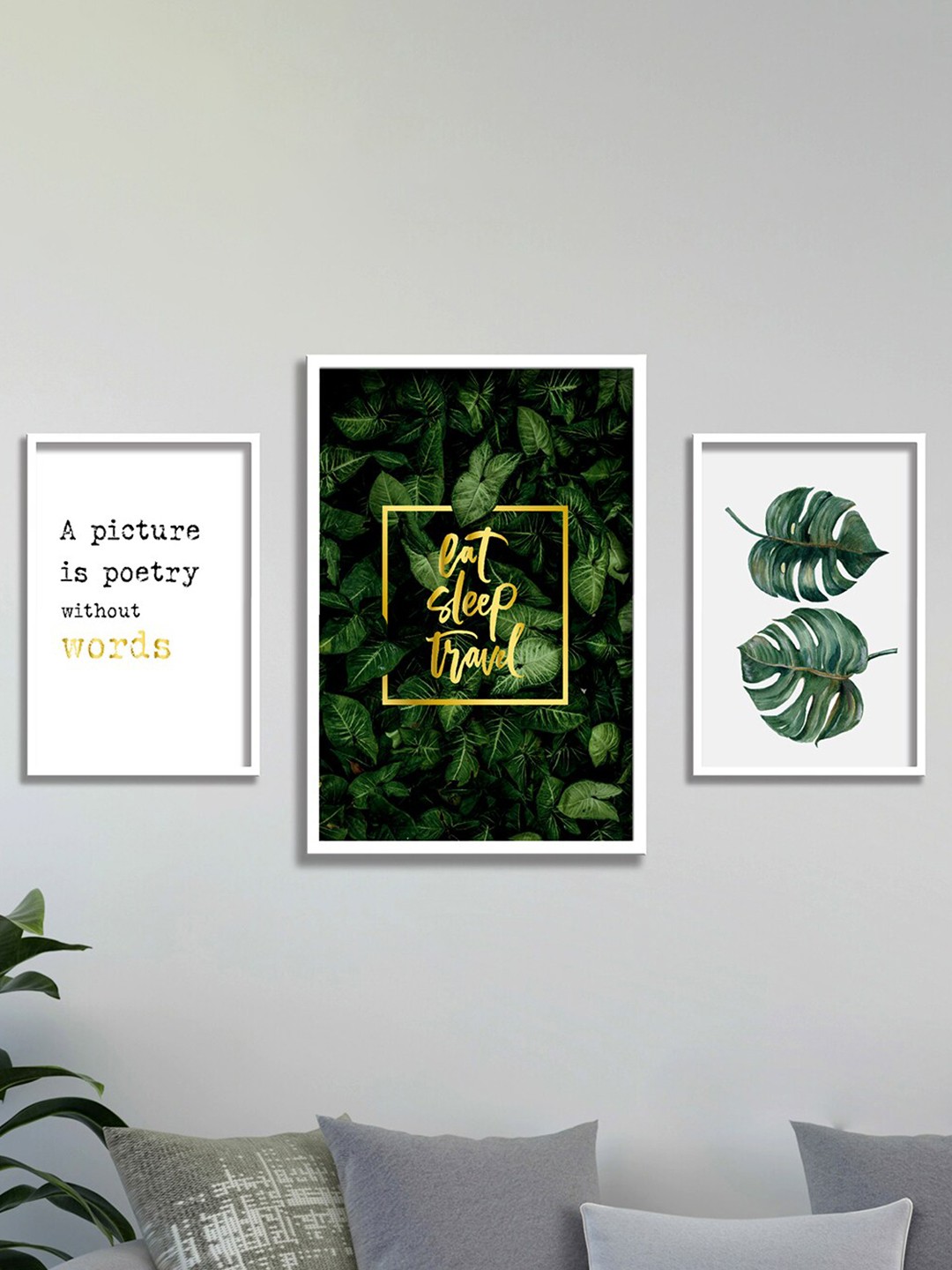 

SAF Green & White 3 Pieces Tropical Leaves Framed Wall Art
