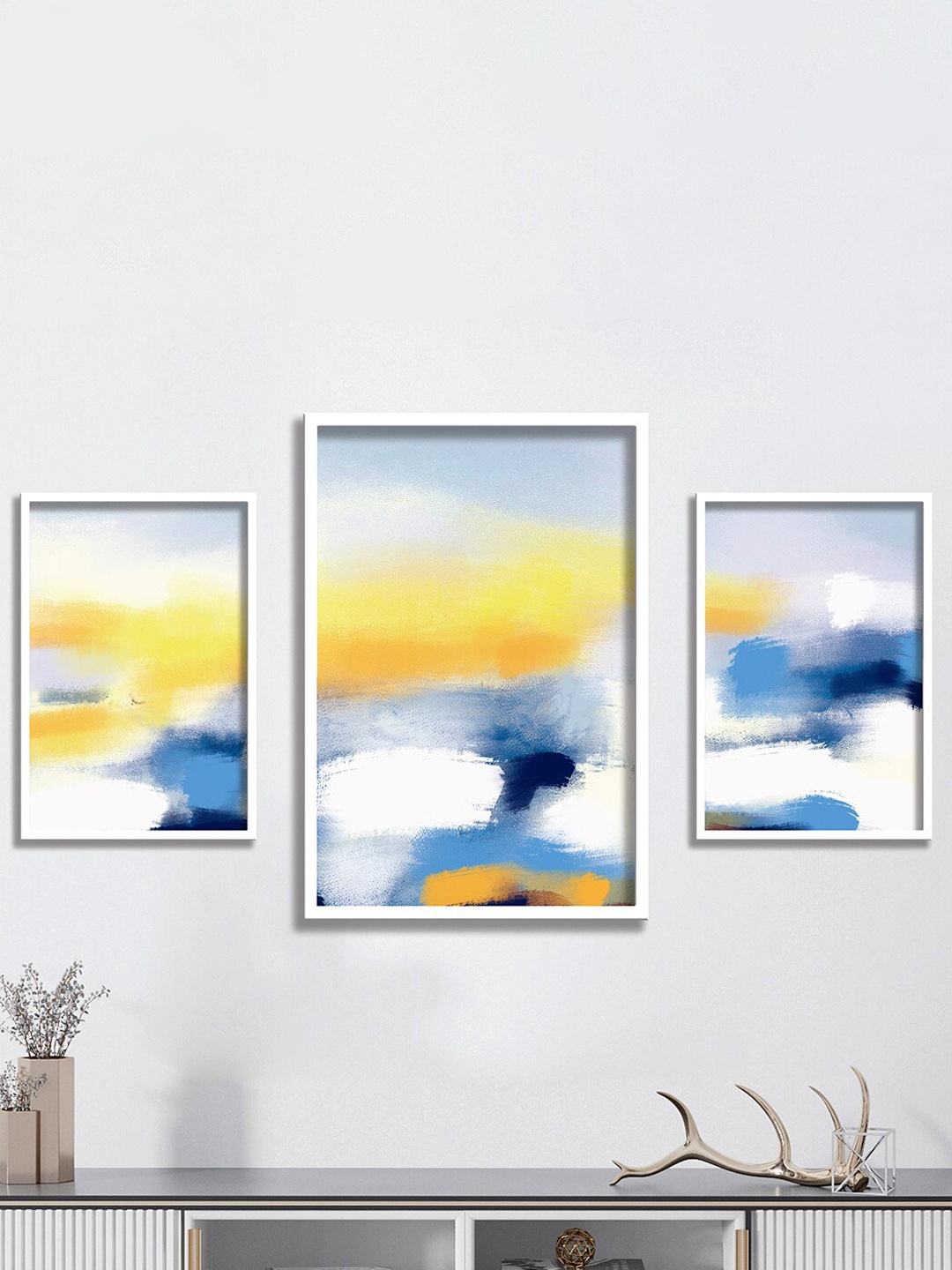 

SAF White & Blue 3-Pieces Modern Art Printed Framed UV Coating Wall Art