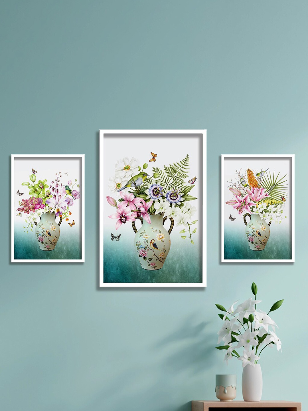 

SAF White & Blue 3-Pieces Flower Pot Printed Framed UV Coating Wall Art