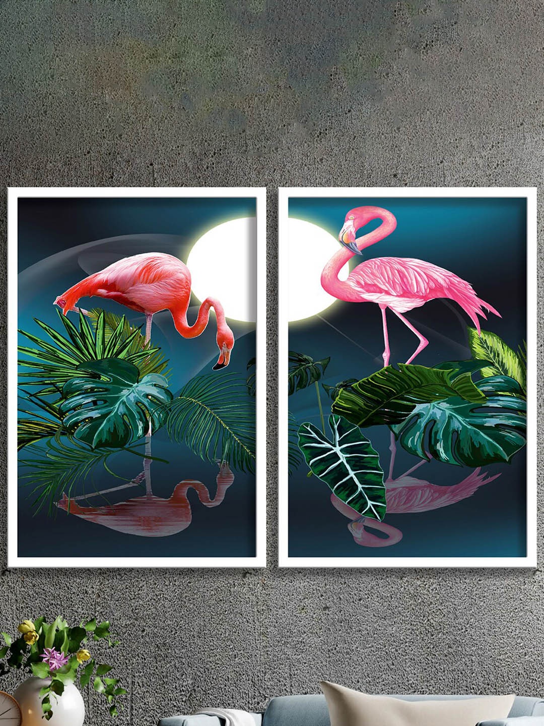 

SAF Blue & Pink 2-Pieces Flamingo Printed Framed UV Coating Wall Art