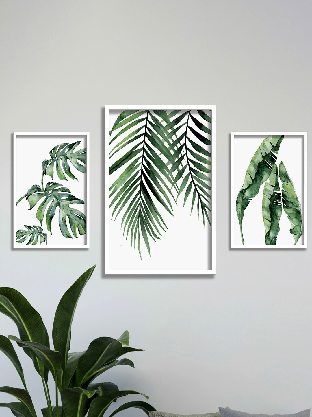 

SAF White & Green 3 Pieces Tropical Leaves Painted UV Coating Wall Art