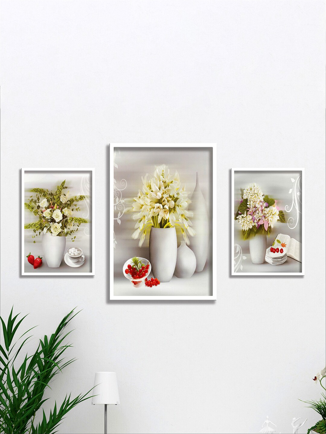 

SAF White 3 Pieces Flora Pot White Framed Printed Wall Art